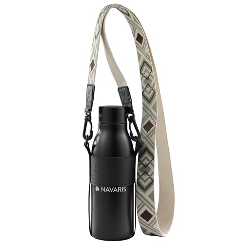 Navaris Wasserflasche zum Umhängen - 600ml Edelstahl Trinkflasche - Gym Bottle - Isolierflasche für Fitnessstudio - Metall Trinkflasche isoliert - Flasche in Schwarz von Navaris