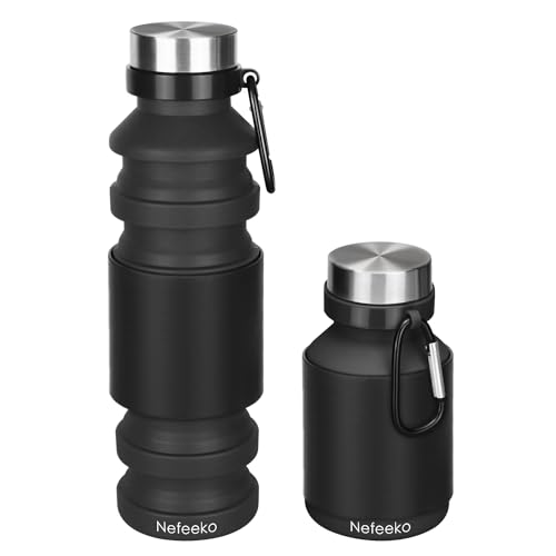 Nefeeko Faltbare Sport-Wasserflasche, faltbar, Reise-Wasserflasche, BPA-frei, FDA-genehmigt, lebensmittelechtes Silikon, tragbar, auslaufsicher, Geschenk für Reisen, Camping, Outdoor, 457 ml, schwarz von Nefeeko