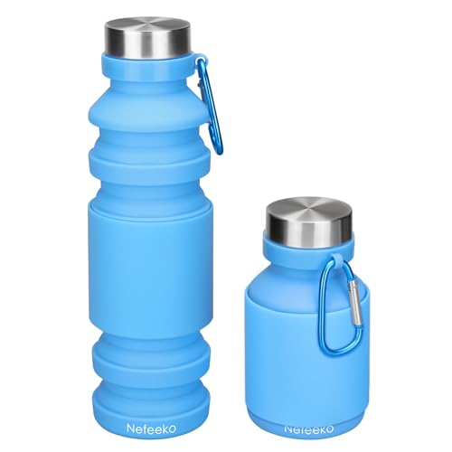 Nefeeko Faltbare Sport-Wasserflasche, faltbar, Reise-Wasserflasche, BPA-frei, FDA-genehmigt, lebensmittelechtes Silikon, tragbar, auslaufsicher, Geschenk für Reisen, Camping, Outdoor, 457 ml, blau von Nefeeko