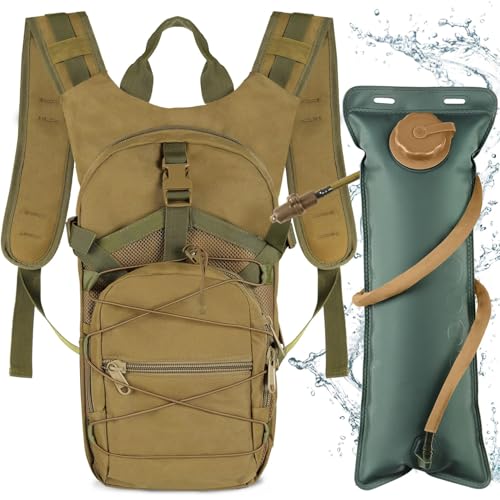 Neloheac Jogging Trinkrucksack Militär mit 3L Trinkblase, Taktischer Wander Tagesrucksack Damen Herren, Fahrradrucksack mit Wasserblase für Radmotor Laufen Camping, Khaki von Neloheac