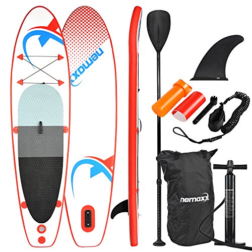 Nemaxx PB305 Stand up Paddle Board 305x76x10cm, ROT/BLAU - SUP, Surfbrett, Surf-Board - aufblasbar & leicht zu transportieren - inkl. Tasche, Paddel, Finne, Luftpumpe, Repair Kit, Fuß-Leine von Nemaxx