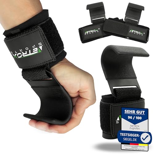 NetroxSports® – Zughaken Handgelenk für Bodybuilding, Gewichtheben, Krafttraining & Fitness – Zughilfen für schwere Gewichte – Extra Starke Lifting Straps für Frauen & Männer (Schwarz | S) von Netrox