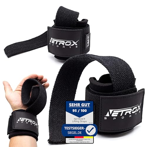 NetroxSports® - Lifting Straps | Professionelle Zughilfen mit Handgelenkbandage | Für Bodybuilding, Gewichteheben, Kraftsport, Krafttraining & Fitness | Geeignet für schwere Gewichte | Herren & Damen von Netrox