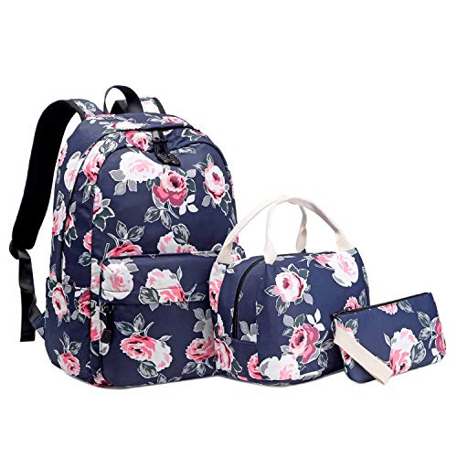 Neuleben 3 Teile Schulrucksack & Kühltasche & Geldbörse für Damen Mädchen Kinder Wasserabweisend Rucksack Schultasche mit Blumenmuster (Blau) von Neuleben