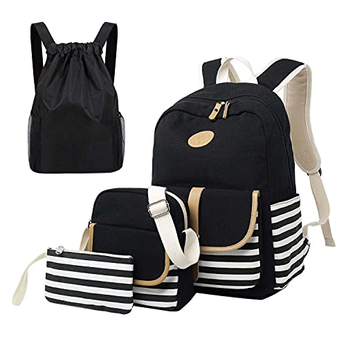 Neuleben 4 Set Schulrucksack + Schultertasche + Turnbeutel + Geldbörse Rucksack Schulranzen Schultaschen für Jungen Mädchen (Streifen) von Neuleben