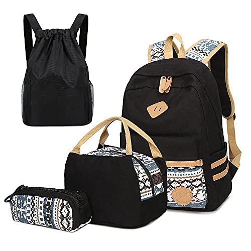 Neuleben Schultaschen 4 Set Schulrucksack + Kühltasche + Federmäppchen + Turneutel aus Canvas für Mädchen Jungen Kinder (Schwarz) von Neuleben