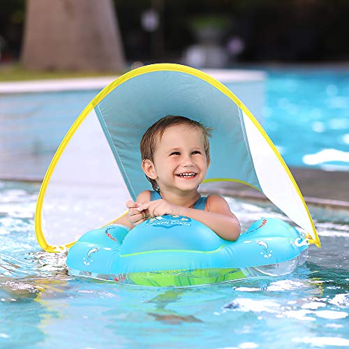 Baby Schwimmring Kinderschwimmhilfe geeignet für Kinder von 3 Monate bis 4 Jahre mit Sonnendach (Blau, L) von Neusky