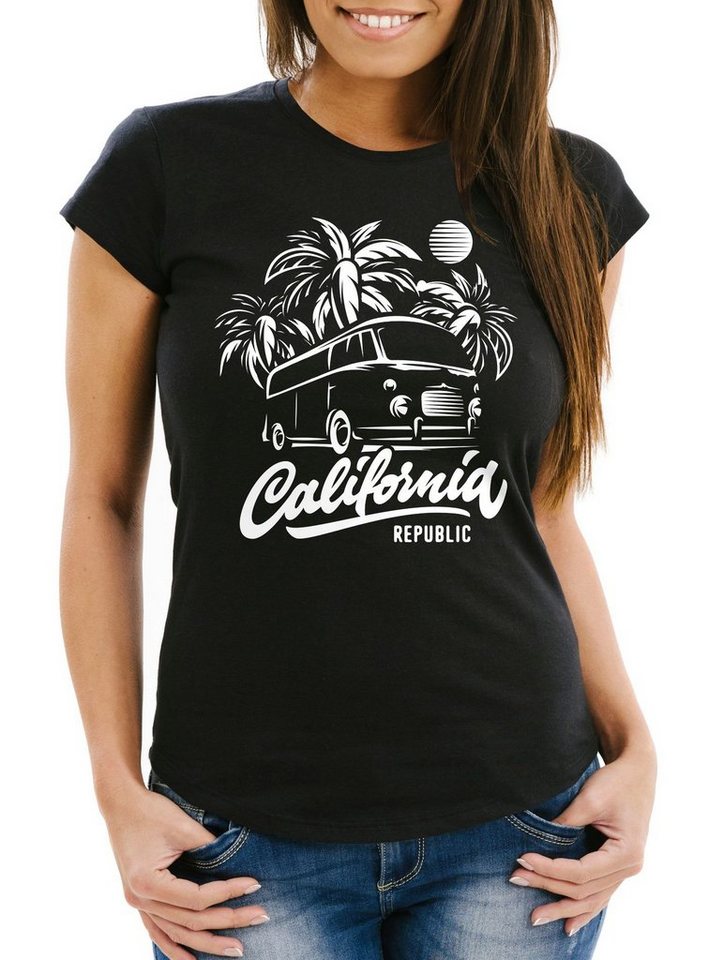 Neverless Print-Shirt Damen T-Shirt California Surf Retro Bus Abenteuer Urlaub Palmen Slim Fit Slim Fit Neverless® mit Print von Neverless