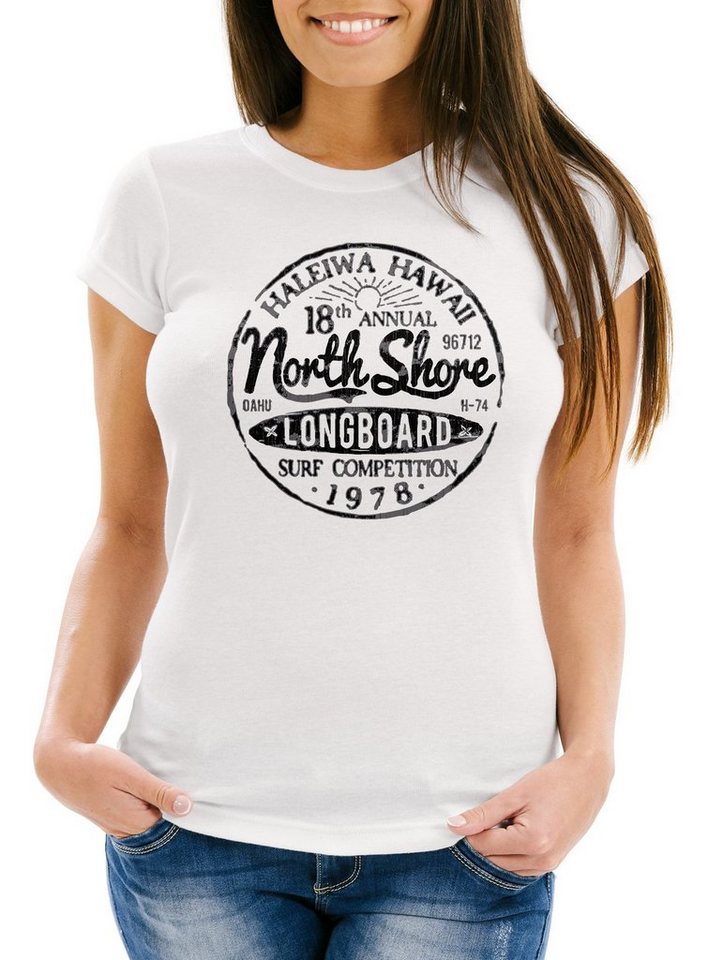 Neverless Print-Shirt Damen T-Shirt North Shore Longboard Retro Surf Motiv Wellenreiten Slim Fit Neverless® mit Print von Neverless