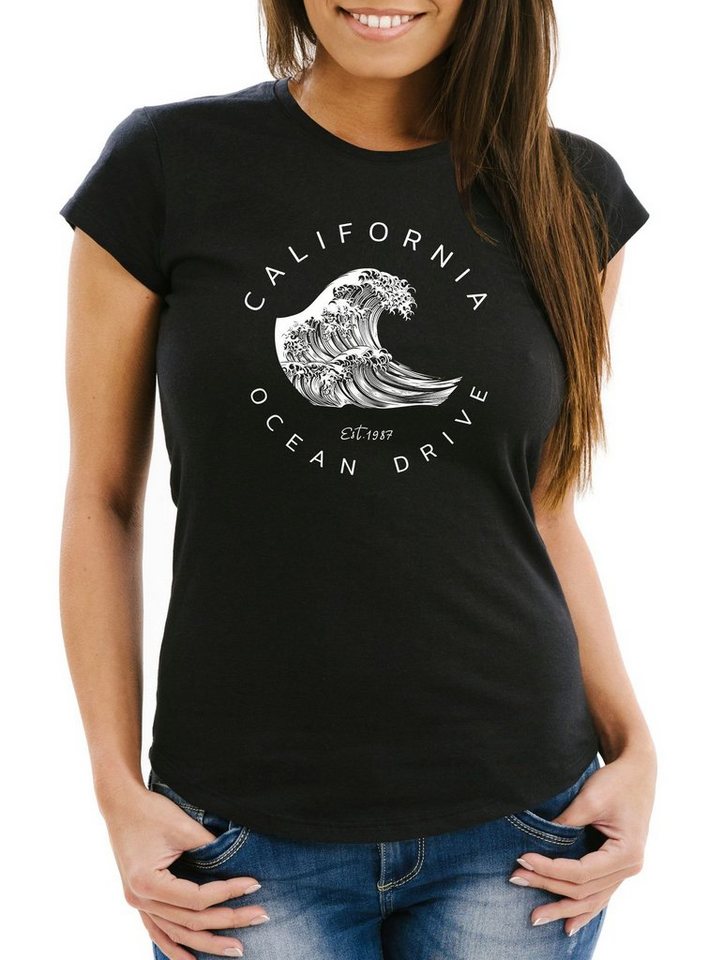 Neverless Print-Shirt Damen T-Shirt Welle Wave California Ocean Drive Surf Summer Slim Fit Neverless® mit Print von Neverless
