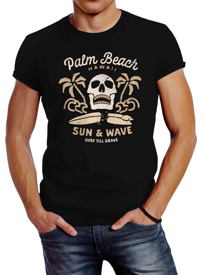 Neverless Print-Shirt Herren T-Shirt Surf-Motiv Totenkopf Palm Beach Neverless® mit Print von Neverless