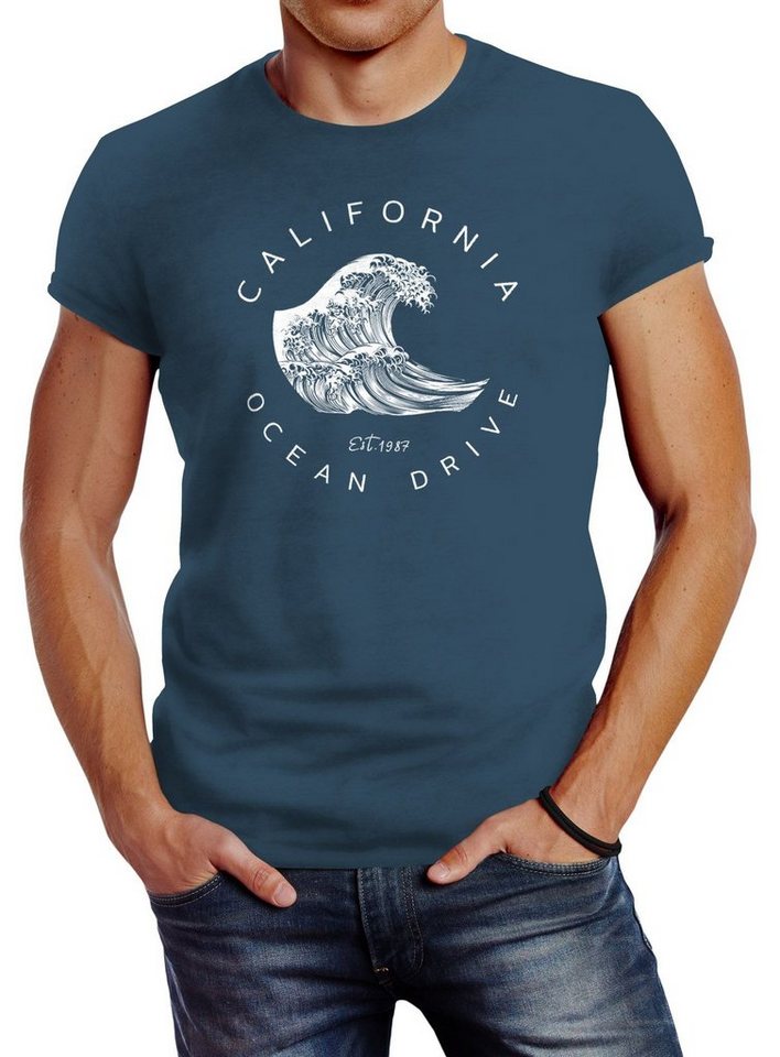 Neverless Print-Shirt Herren T-Shirt Welle Wave California Ocean Drive Surf Summer Slim Fit Neverless® mit Print von Neverless