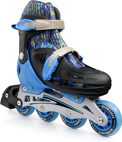 New Bounce Einstellbar Inlineskates für Kinder -4 Rad Klingen Roller Skates für Jungs, Mädchen, Teens u Junge Erwachsene im Freien Rollschuhe für Anfänger & Erweitert | Blau von New Bounce