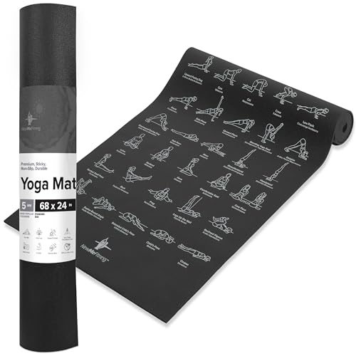 Trainings-Yogamatte, schwarz – bedruckt mit 70 illustrierten Posen, 61 cm breit x 172,7 lang, für Damen und Herren: rutschfest, umweltfreundlich, PVC, ungiftig, Zuhause oder Fitnessstudio, 5 mm dick von NewMe Fitness