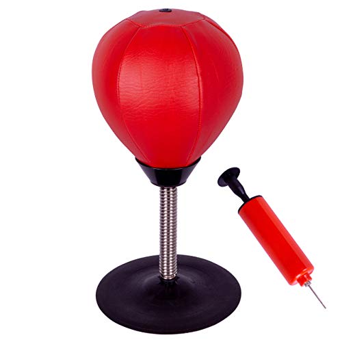 Nexos Trading Punching-Ball-Set Boxbirne Tisch-Boxsack Mini-Boxball Kunstleder Rot mit Stahlfeder, Saugnapf und Luftpumpe Schlagbirne Gadget Anti-Frust von Nexos Trading