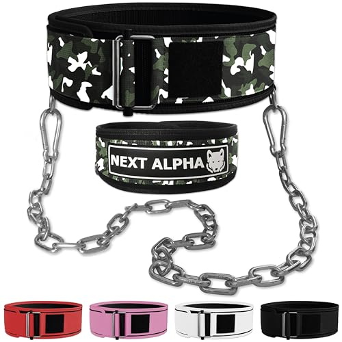 Next Alpha Gewichthebergürtel & Dip Gürtel-Kombination - Custom Weight Lifting Belt für Herren und Damen - Selbstverschluss- & Schnellverschlussschnalle - Mit Kette - Grüne Tarnung - Large von Next Alpha
