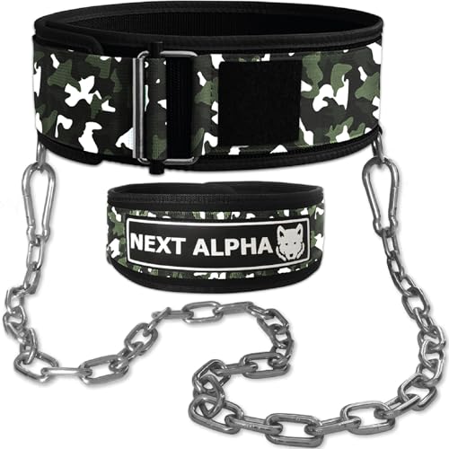 Next Alpha Gewichthebergürtel & Dip Gürtel-Kombination - Custom Weight Lifting Belt für Herren und Damen - Selbstverschluss- & Schnellverschlussschnalle - Mit Kette - Grüne Tarnung - Small von Next Alpha