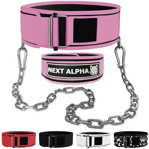 Next Alpha Gewichthebergürtel & Dip Gürtel-Kombination - Custom Weight Lifting Belt für Herren und Damen - Selbstverschluss- & Schnellverschlussschnalle - Mit Kette - Rosa - Extra Large von Next Alpha