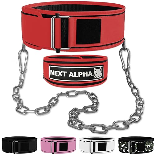 Next Alpha Gewichthebergürtel & Dip Gürtel-Kombination - Custom Weight Lifting Belt für Herren und Damen - Selbstverschluss- & Schnellverschlussschnalle - Mit Kette - Rot - Extra Large von Next Alpha