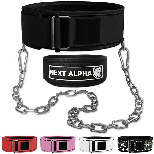 Next Alpha Gewichthebergürtel & Dip Gürtel-Kombination - Custom Weight Lifting Belt für Herren und Damen - Selbstverschluss- & Schnellverschlussschnalle - Mit Kette - Schwarz - Large von Next Alpha