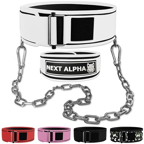 Next Alpha Gewichthebergürtel & Dip Gürtel-Kombination - Custom Weight Lifting Belt für Herren und Damen - Selbstverschluss- & Schnellverschlussschnalle - Mit Kette - Weiss - Large von Next Alpha