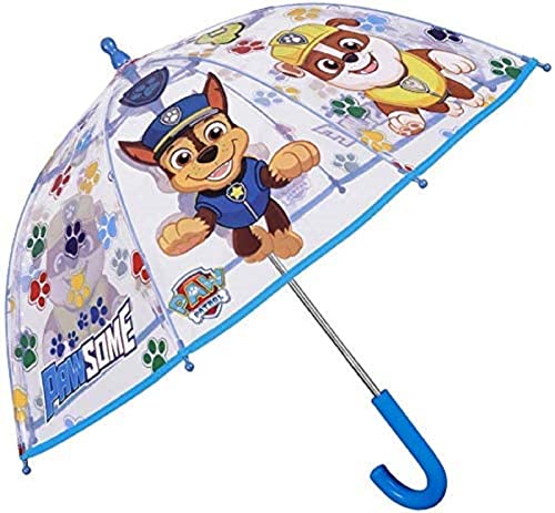Nickelodeon Transparenter Paw Patrol Regenschirm für Kinder Blue Stick Regenschirm für Jungen – Marshall Chase und Rubble Print – Winddicht Dome Brolly mit Sicherheitsöffnung 65 cm, blau von Nickelodeon