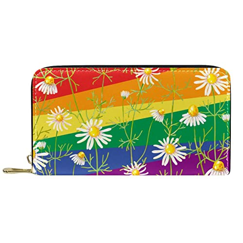 NigelMu Echtes Leder-Portemonnaie für Männer, große Damen-Geldbörse für Karten,Regenbogen-Gänseblümchen mit Blumen,Münzbeutel mit Reißverschluss von NigelMu