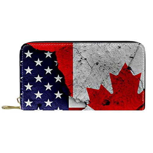 NigelMu Echtes Leder-Portemonnaie für Männer, große Damen-Geldbörse für Karten,USA- und Kanada-Flagge,Münzbeutel mit Reißverschluss von NigelMu