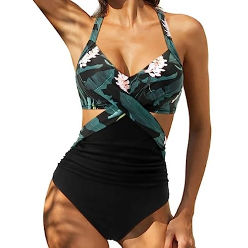 Nilioyul Stilvolle Badebekleidung für Damen Sieht am Strand trendig und schick aus. Badebekleidung für Damen, modisch, atmungsaktiv, langlebig, Grüne Blätter + Schwarz, XL von Nilioyul