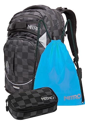 Nitro Superhero, Schulrucksackset, Rucksack, Backpack, abnehmbarer Hüftgurt, robuste Bodenplatte, Thermotasche, Laptopfach, Turnbeutel & Pencil Case XL, Checker von Nitro