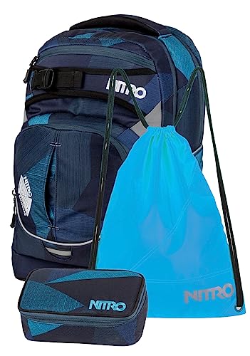 Nitro Superhero, Schulrucksackset, Rucksack, Backpack, abnehmbarer Hüftgurt, robuste Bodenplatte, Thermotasche, Laptopfach, Turnbeutel & Pencil Case XL, Fragments Blue von Nitro