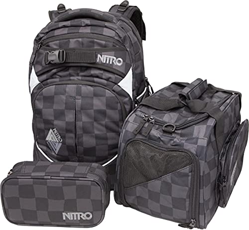 Nitro Superhero, Schulrucksackset, Rucksack, Backpack, abnehmbarer Hüftgurt, robuste Bodenplatte, Thermotasche, Laptopfach, Sporttasche & Pencil Case XL,Checker von Nitro