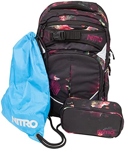 Nitro Superhero, Schulrucksackset, Rucksack, Backpack, abnehmbarer Hüftgurt, robuste Bodenplatte, Thermotasche, Laptopfach, Turnbeutel & Pencil Case XL,Black Rose von Nitro