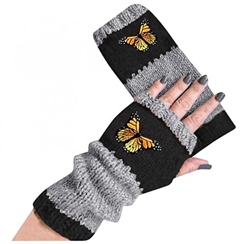Niunu Handschuhe ohne Finger, Bestickt, warm, für Damen, mit Vogel-Stickerei, für den Winter, gestrickt, ohne Finger, elastischer Arm, warme Handschuhe von Niunu