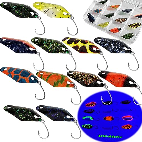 Njord Kalastus Messeneuheit 2023 Spoons Forelle UV-Aktiv 2,5g 3cm 12 Stück in Spoonbox | Forellen Spoon Set Forellenköder Spoons Forellen Angeln Spoons Set Trout Spoon Angeln Spoons Forelle Set Box von Njord Kalastus