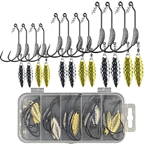 Njord Kalastus Offset Haken mit Gewicht und Spinnerblatt Set 12 TLG. mit Twist Lock | 2g 3g 5g Angelhaken mit Spinnerblatt in Tacklebox | Jig Haken Set als Alternative zu Jigköpfe Set von Njord Kalastus