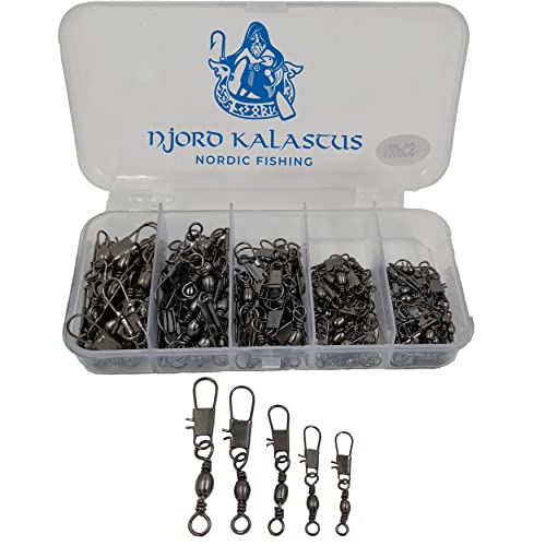 Njord Kalastus Premium Angel Wirbel Set 100 Stück | Karabiner mit Wirbel Box | Wirbel Angeln Jeweils 20 Stück Tönnchenwirbel Größe : #10#8#6#4#2 | Universal Angelzubehör Box von Njord Kalastus