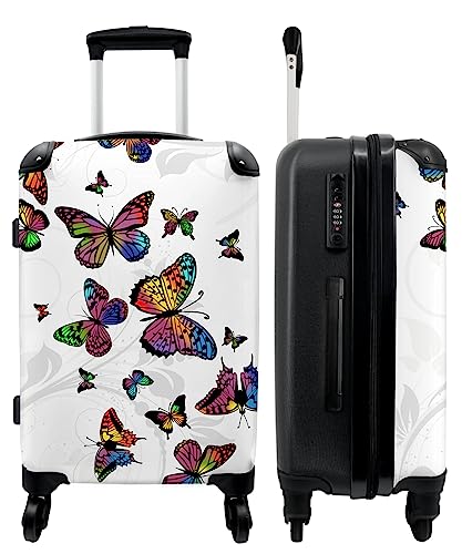 NoBoringSuitcases.com® Großer Koffer - Schmetterling - Regenbogen - Pflanzen - Muster - Kombinationsschloss TSA - Hartschalen Trolley 4 Rollen - 90 Liter - Reisekoffer - 66 cm von NoBoringSuitcases.com