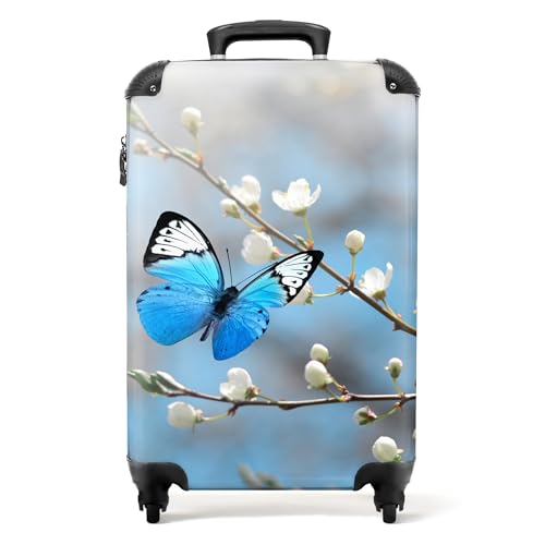 NoBoringSuitcases.com® Koffer Handgepäck Trolley Rollkoffer Kleine Reisekoffer mit 4 Rollen - Blumen - Schmetterling - Blau - Blüte - Weiß - 55x35x20cm - Fotokoffer - Kabinenkoffer - Boardgepäck von NoBoringSuitcases.com