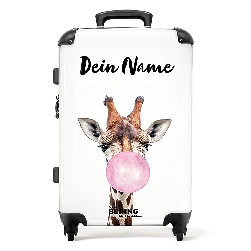 NoBoringSuitcases.com® Koffer personalisiert, Kinder Koffer, 67x43x25cm - Reisekoffer Kinder, Koffer hartschale - Hartschalenkoffer - Giraffe mit Kaugummi - Mittelgroß mit Rollen- Koffer mit Namen von NoBoringSuitcases.com