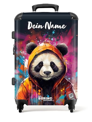 NoBoringSuitcases.com © Hartschalen-Koffer Trolley Rollkoffer Reisekoffer Handgepäck 4 Rollen, TSA Schloss (Personalisiert: Panda mit orangefarbener Jacke und Farbspritzern), (Mittelgroß 67x43x25 cm) von NoBoringSuitcases.com