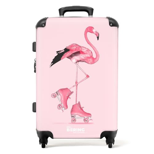 NoBoringSuitcases.com © Kinderkoffer Koffer Kinder Reisekoffer Kindergepäck 4 Rollen, TSA Schloss (Flamingo mit rosa Rollschuhen), (Mittelgroß 67x43x25 cm) von NoBoringSuitcases.com