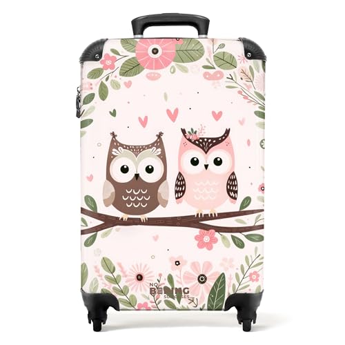 NoBoringSuitcases.com © Kinderkoffer Reisekoffer Koffer Kinder Kindergepäck in Handgepäck-Mittelgroß in 24 Bildern (Rosa und braune Eule sitzen zusammen auf einem AST, 55x40x20 cm) von NoBoringSuitcases.com