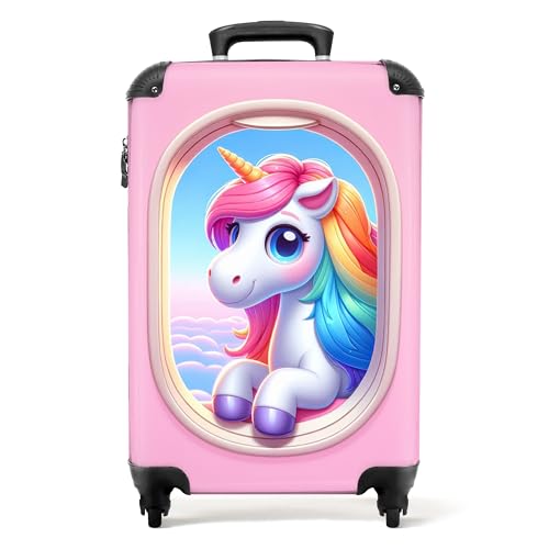 NoBoringSuitcases.com © Kinderkoffer Reisekoffer Koffer Kinder Kindergepäck in Handgepäck-Mittelgroß in 24 Bildern (Weiße Einhorn am rosa Flugzeugfenster, 55x40x20 cm) von NoBoringSuitcases.com