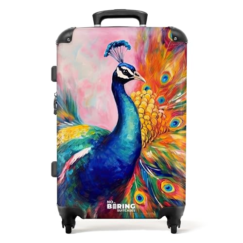 NoBoringSuitcases.com © Reisekoffer Hartschalenkoffer Trolley Rollkoffer Koffer groß Reisekoffer mit 4 Rollen, TSA Schloss (Buntes Porträt eines Pfaus in Ölmalerei), (Mittelgroß 67x43x25 cm) von NoBoringSuitcases.com