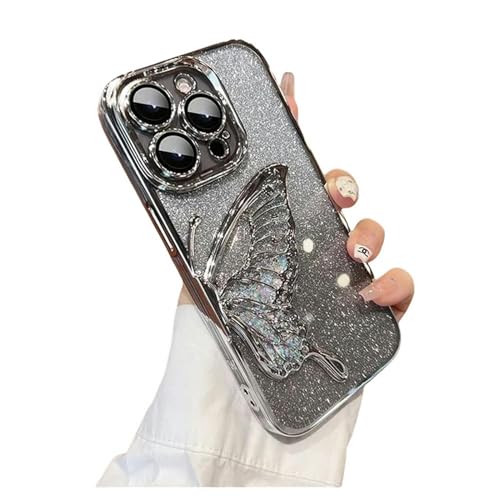 Nogkdyc Für iPhone 15 Hülle 3D Glitter Butterfly Quicksand Niedliche Hülle Für iPhone 15 14 11 12 13 Pro Max -Schutzabdeckung-Für iPhone 12-Silber von Nogkdyc