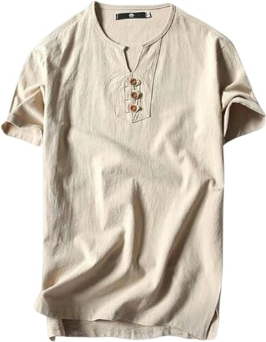 Nogkdyc Herren Sommer T-Shirts Herren T-Shirts Übergröße 5XL 6XL 8XL 9XL Groß Oversized T-Shirt Leinen Kurzarm T-Shirt Herren Sommer Männer-Brust 155cm 9XL-Beige von Nogkdyc