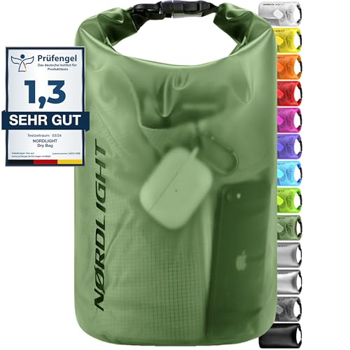 Nordlight Dry Bag 10L Wasserdichter Beutel - (Dunkelgrün) Wasserdichter Packsack Mit Roll Top Verschluss Und Schultergurt | Schwimmen, Baden, Strand, Kanu, Stand Up Paddling, Tauchen von Nordlight