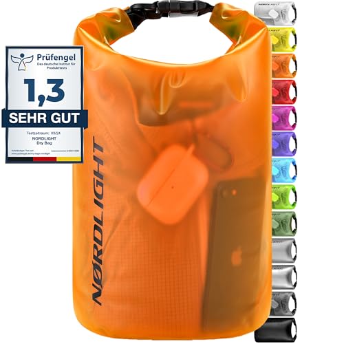 Nordlight Dry Bag 10L Wasserdichter Beutel - (Orange) Wasserdichter Packsack Mit Roll Top Verschluss Und Schultergurt | Schwimmen, Baden, Strand, Kanu, Stand Up Paddling, Tauchen von Nordlight