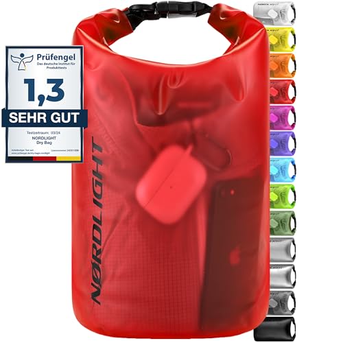 Nordlight Dry Bag 10L Wasserdichter Beutel - (Rot) Wasserdichter Packsack Mit Roll Top Verschluss Und Schultergurt | Schwimmen, Baden, Strand, Kanu, Stand Up Paddling, Tauchen von Nordlight